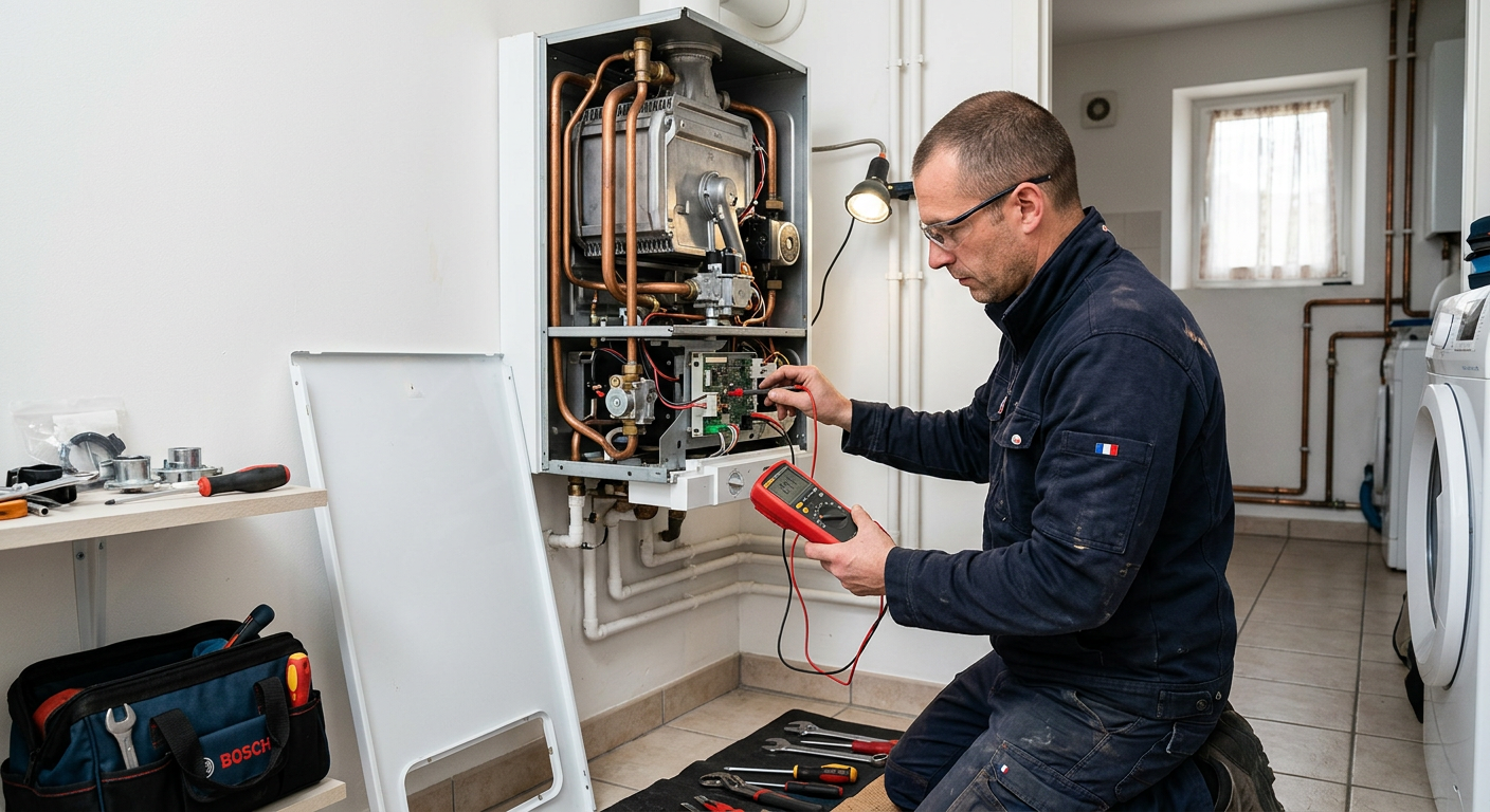 Chauffagiste réparant une chaudière gaz murale à Cergy