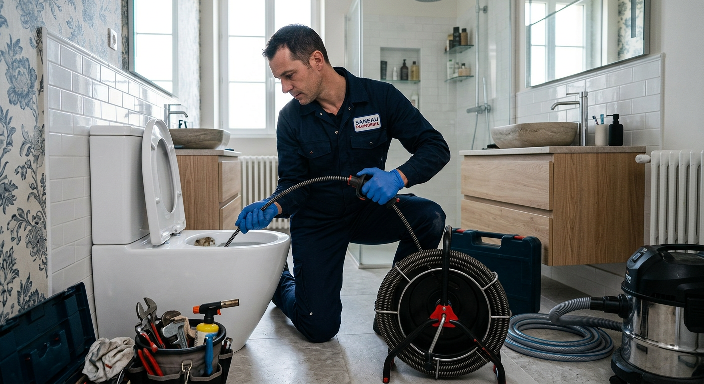 Plombier débouchant des WC avec un furet électrique à Cergy