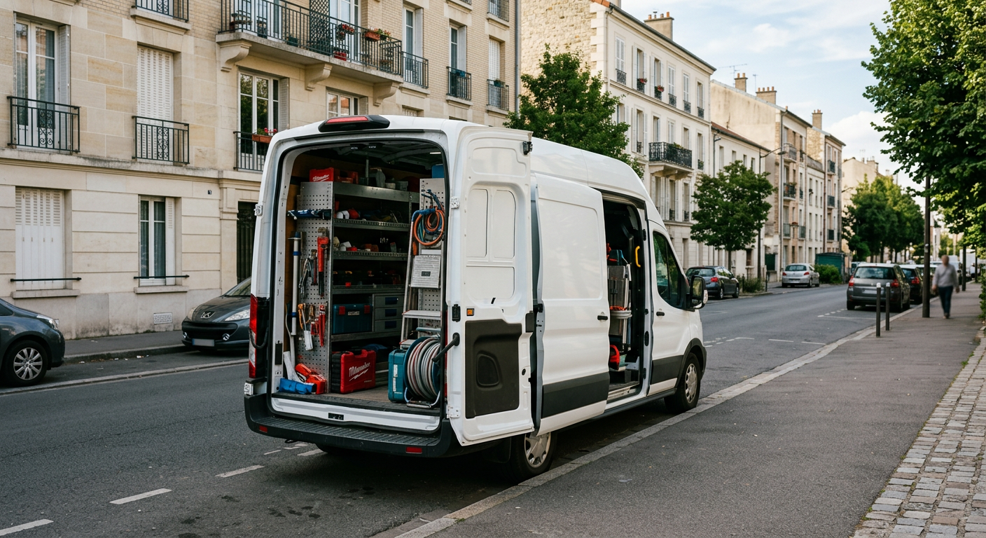 Camionnette plombier Ateliers Plombier Cergy en intervention dans le Val-d'Oise